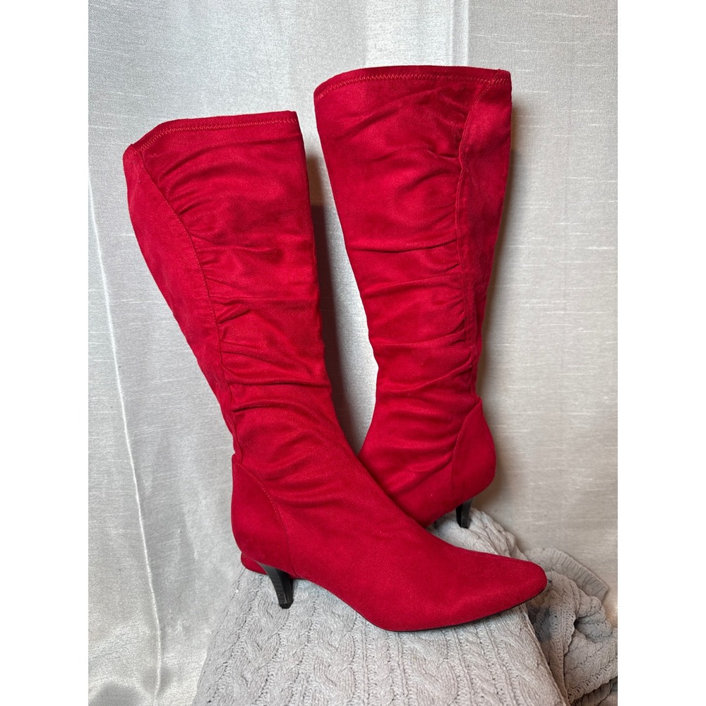 Red Suede Ruching Slouch Knee High Boots‎ Kitten Heel Pointed Toe Womens Sz 6.5